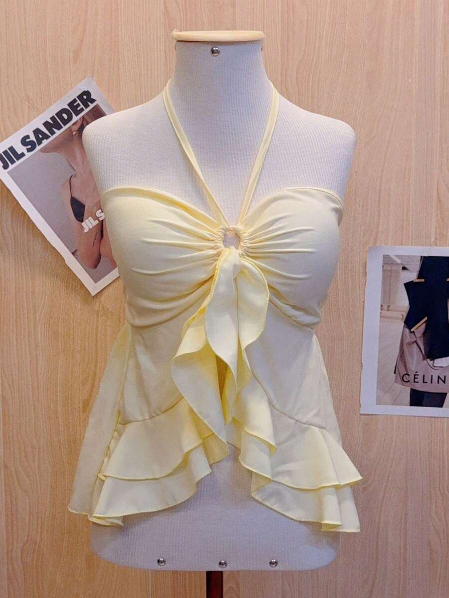 Vaya Butterfly Ruffle Halter Crop Top