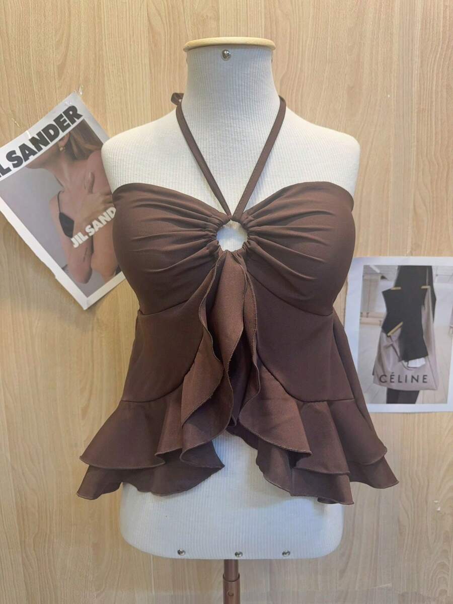 Vaya Butterfly Ruffle Halter Crop Top