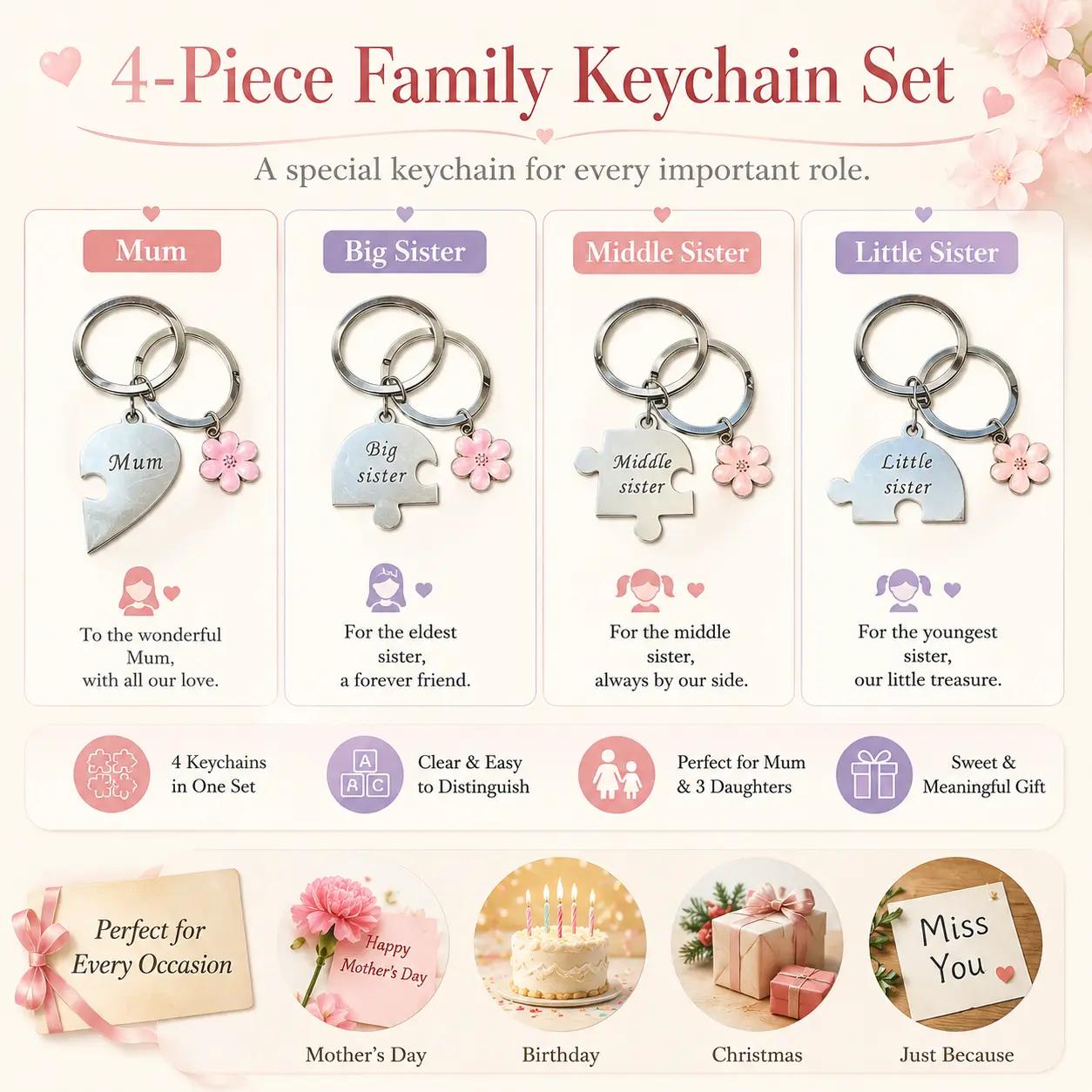 Mother Daughter Keychain for 4