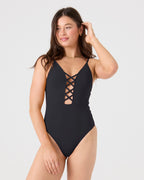 SD Beach Classics Short Sleeve Plunge Lattice One Piece Moderate Swimsuit