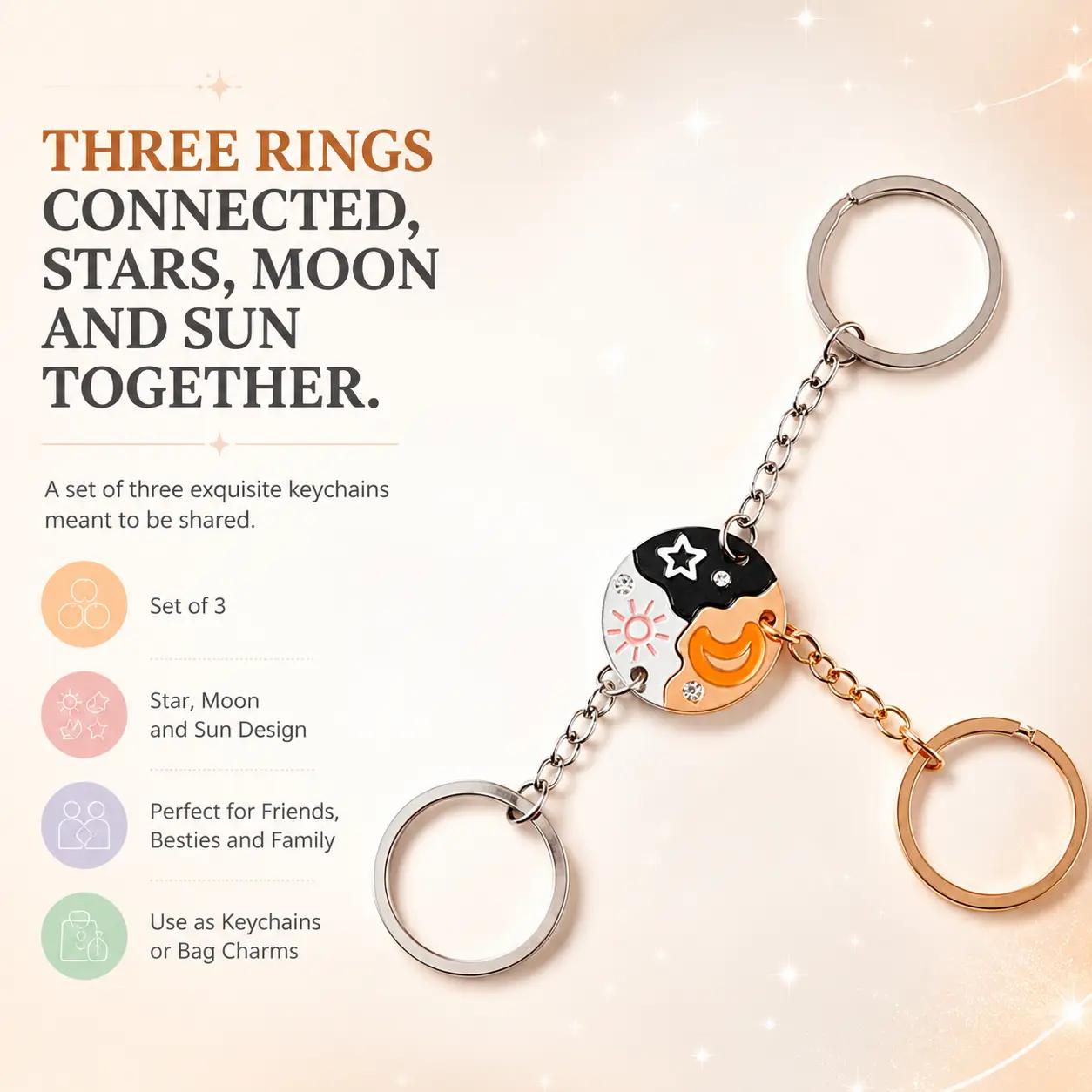 Celestial Trio — Star, Moon & Sun Keychain Set