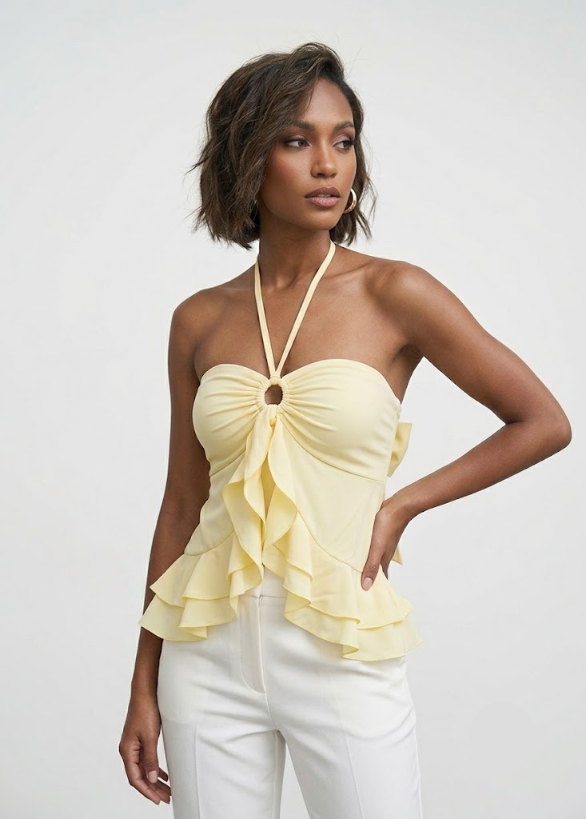 Vaya Butterfly Ruffle Halter Crop Top