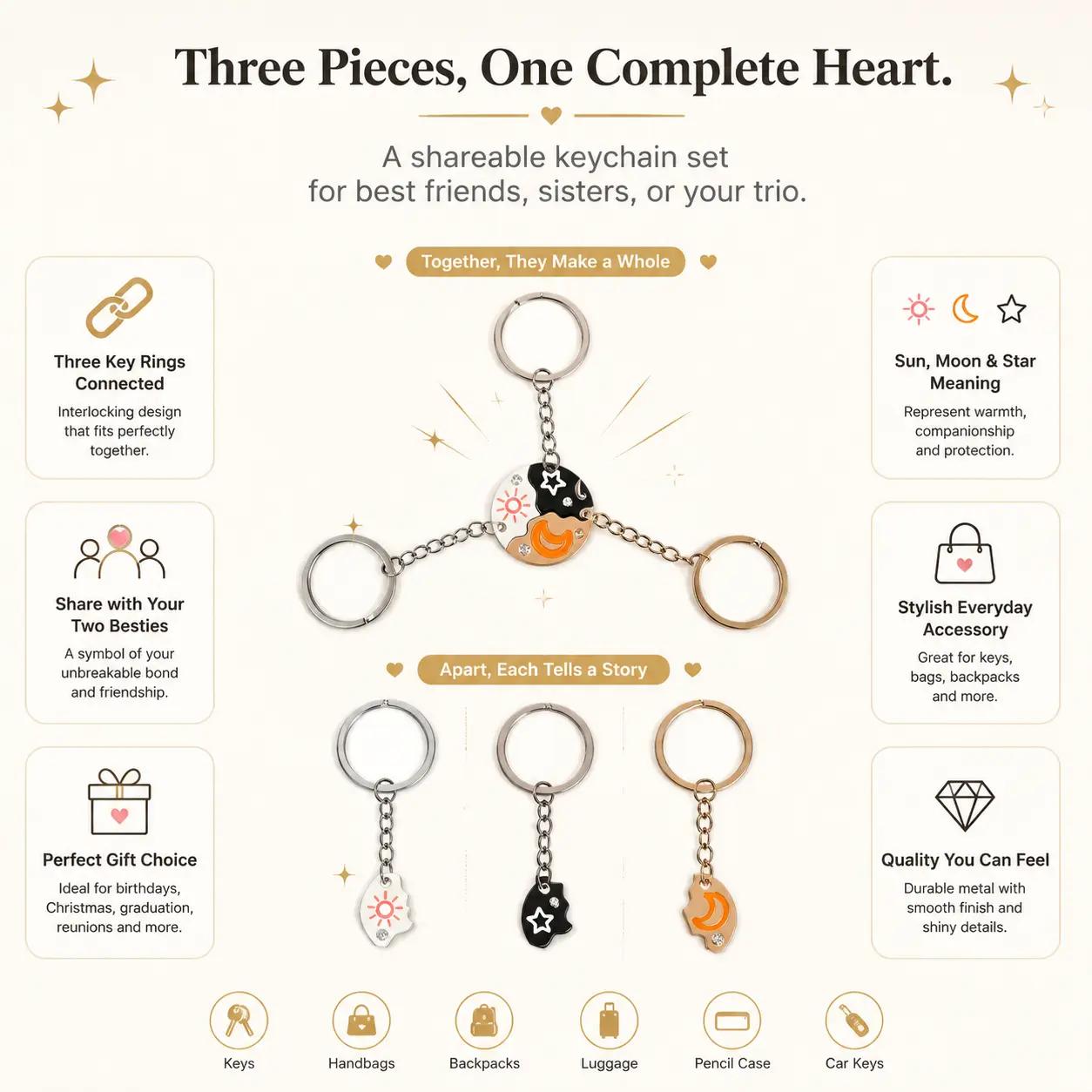 Celestial Trio — Star, Moon & Sun Keychain Set