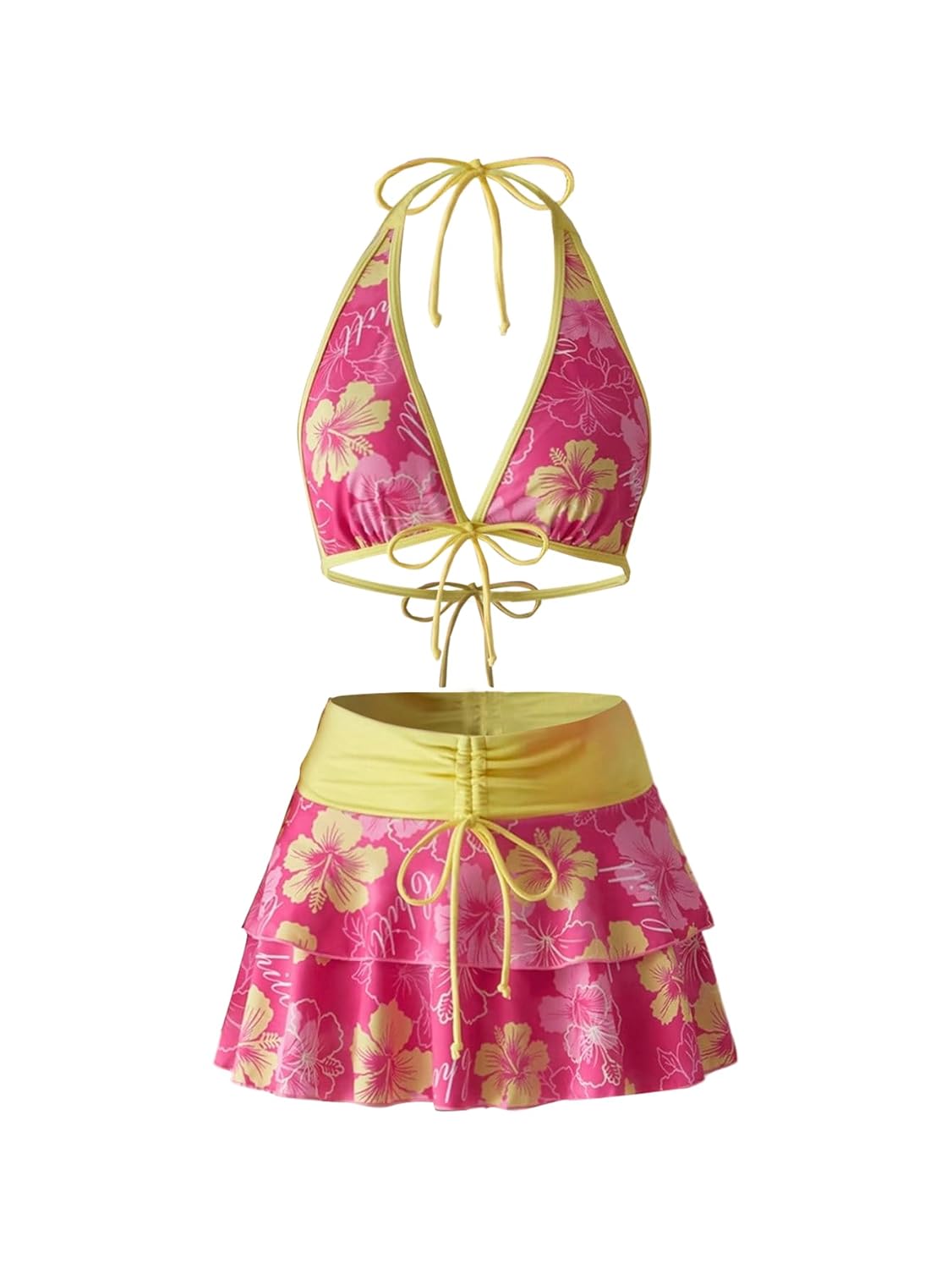 Floerns Women's 3 Piece Bikini Sets Boho Floral Print Halter Swimsuit Layered Ruffle Bathing Suit