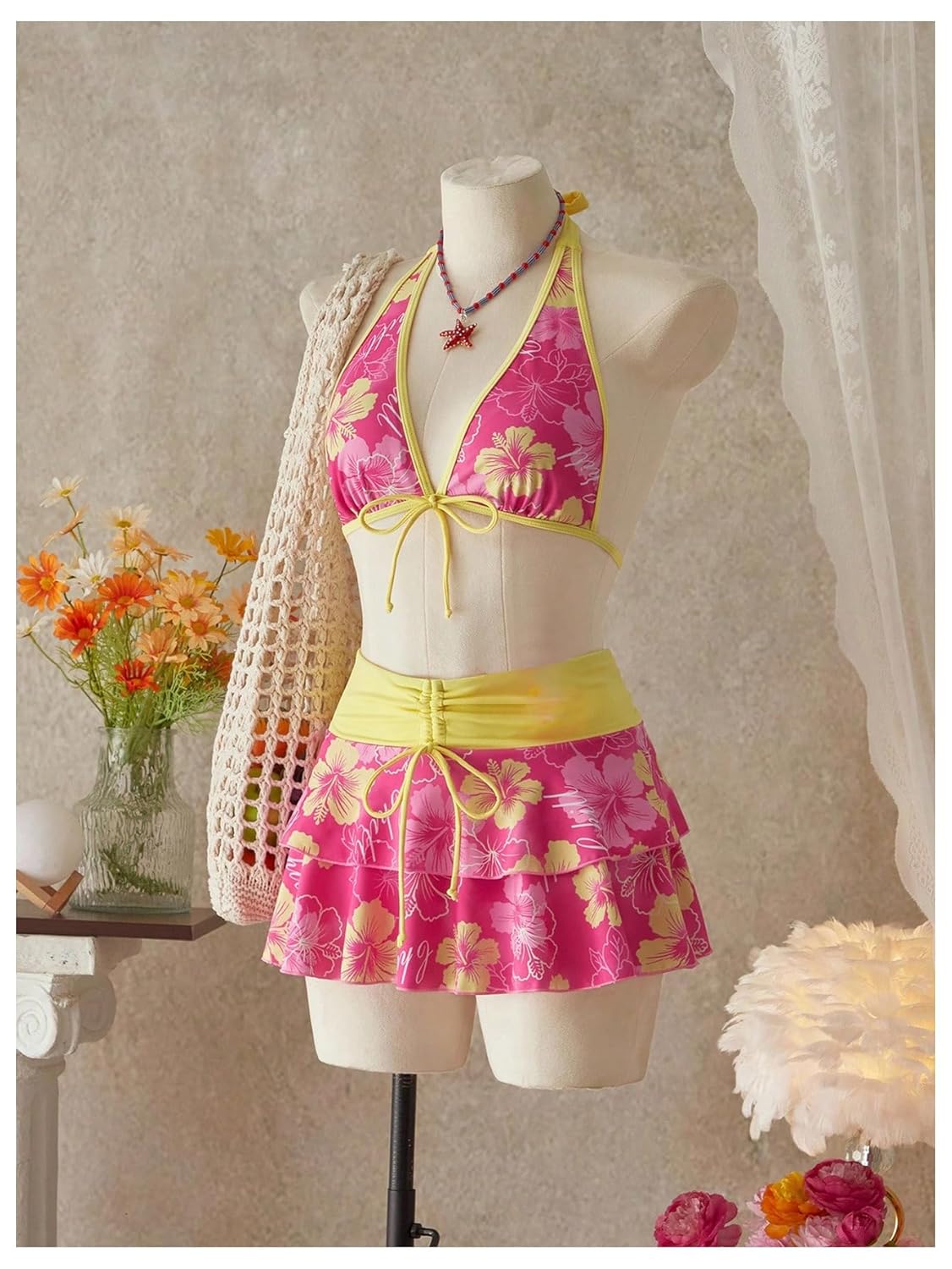 Floerns Women's 3 Piece Bikini Sets Boho Floral Print Halter Swimsuit Layered Ruffle Bathing Suit