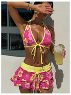Floerns Women's 3 Piece Bikini Sets Boho Floral Print Halter Swimsuit Layered Ruffle Bathing Suit