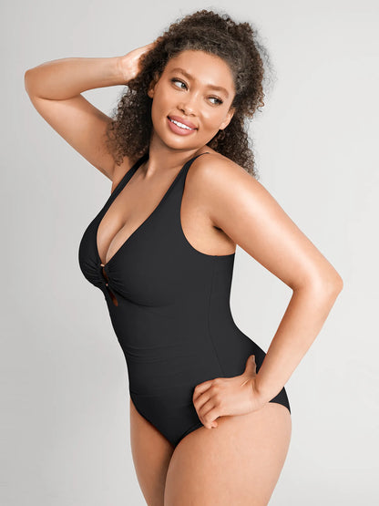 Feelingirl Deep V Metal Ring Ruched Sculpting Swimsuit