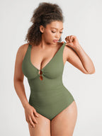 Feelingirl Deep V Metal Ring Ruched Sculpting Swimsuit