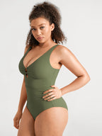 Feelingirl Deep V Metal Ring Ruched Sculpting Swimsuit