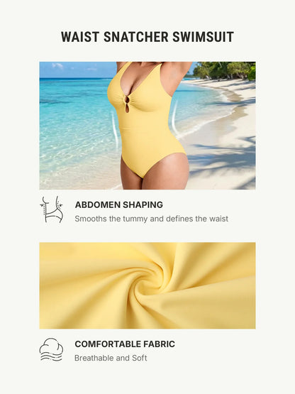 Feelingirl Deep V Metal Ring Ruched Sculpting Swimsuit