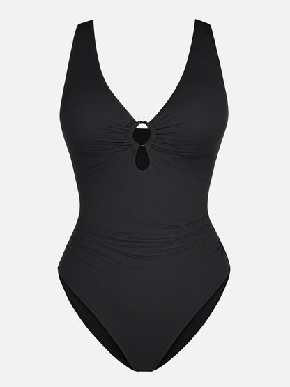 Feelingirl Deep V Metal Ring Ruched Sculpting Swimsuit