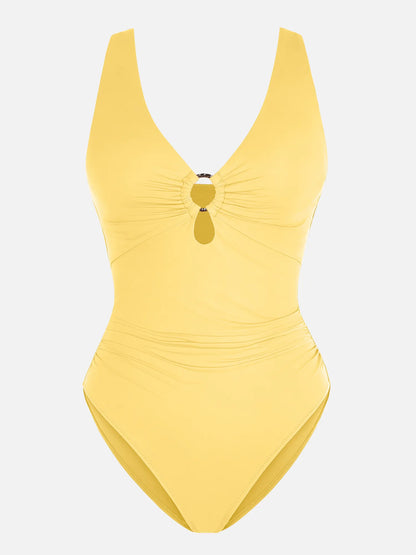 Feelingirl Deep V Metal Ring Ruched Sculpting Swimsuit