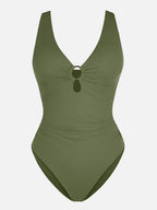 Feelingirl Deep V Metal Ring Ruched Sculpting Swimsuit