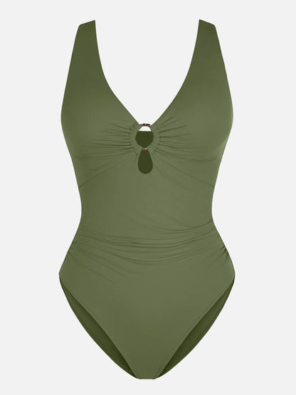 Feelingirl Deep V Metal Ring Ruched Sculpting Swimsuit