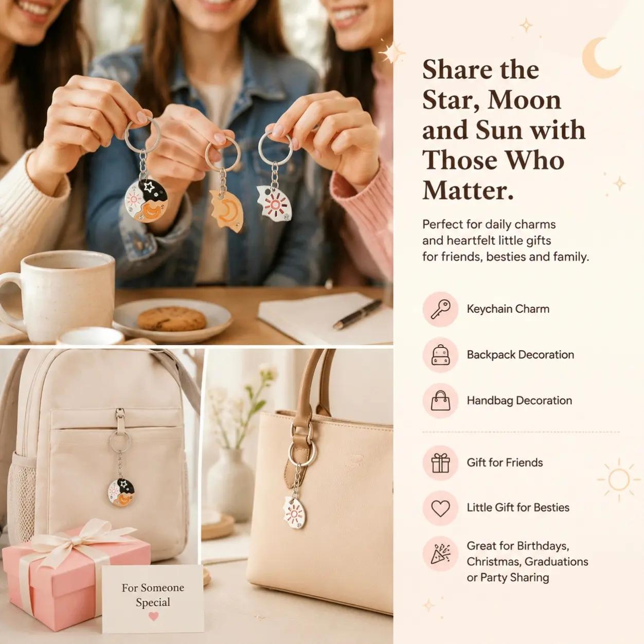 Celestial Trio — Star, Moon & Sun Keychain Set